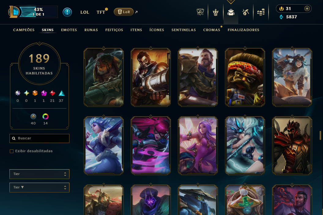 Conta LOL sem jogar rank desde 2020. Várias skins e campeões habilitados