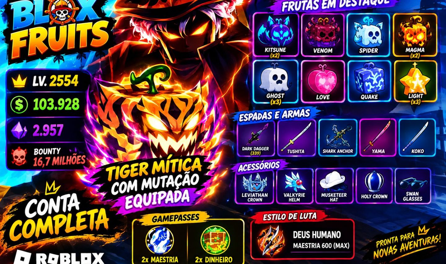 Blox Fruits LV 2554 + Fruta TigerMítica + 2 Kitsune + Venom + Dark Dager yoru v2