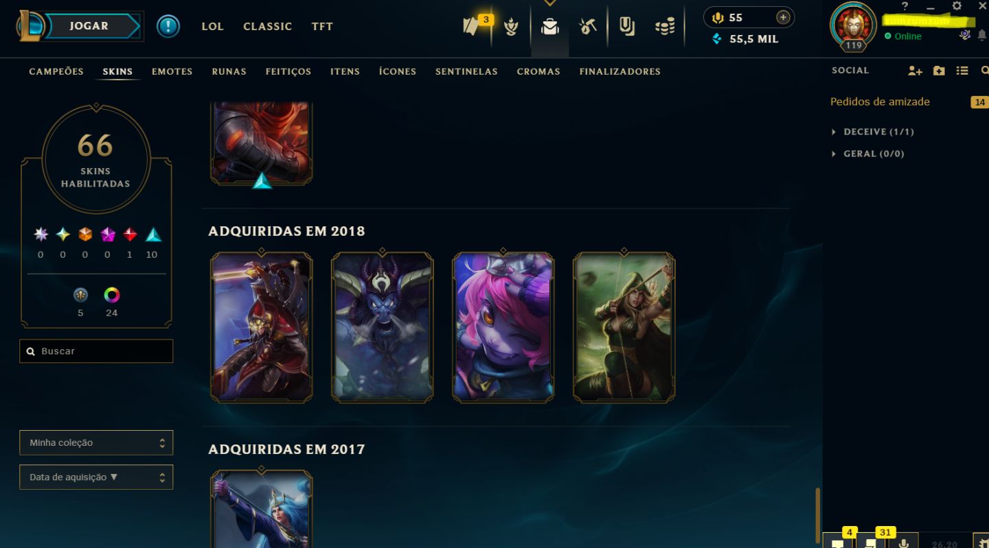 Conta League of Legends, Grão-mestre 1600 pontos, 91 bonecos, 26 skins