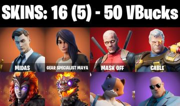 CONTA FORTNITE COM 16 MIDAS/MASK OFF/CABLE/SKYE/BRUTUS/TNTINA/IRIS