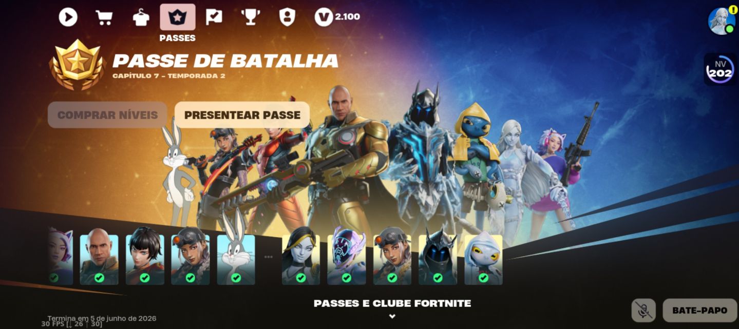 SUBO/UPO SEU PASSE DE BATALHA NÍVEL 0-200 (ALTA DISPONIBILIDADE) - FORTNITE