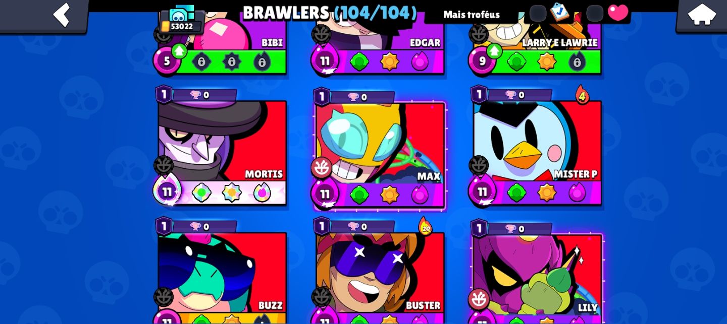 Conta de brawl com 53k de troféus,104 brawlers e skins raras