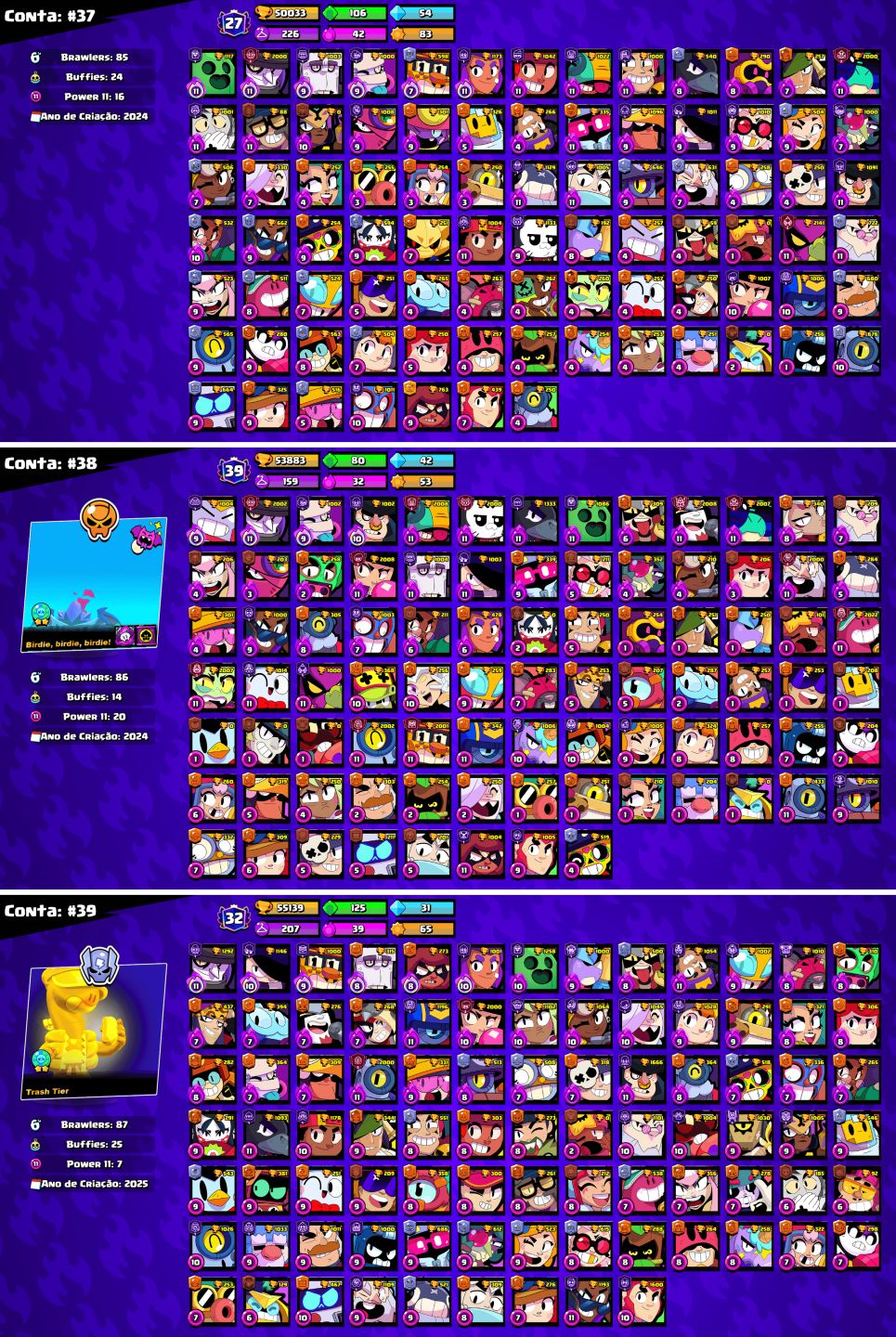 CONTAS BRAWL STARS c/LENDÁRIOS e MUITOS TROFÉUS!!
