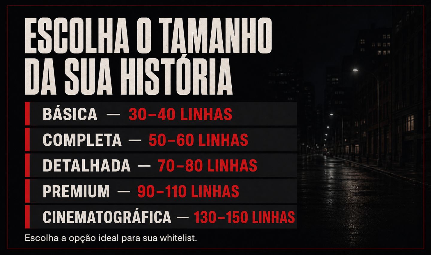 HISTÓRIA PERSONALIZADA PARA GTA RP | WHITELIST | 30 A 150 LINHAS