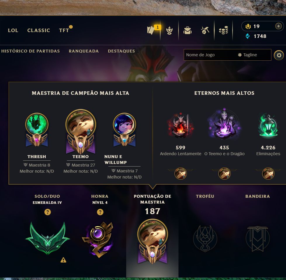 League of legends conta Esmeralda IV maestria 25, teemo 17 skins ,
