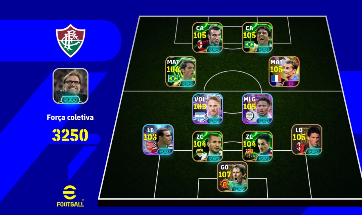 Conta top de efootball mobile com Shevchenko, Kaká e Bellingham.