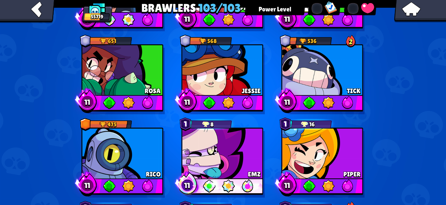 [55K TROFÉUS]CONTA FULL BRAWLERS(103/103)-25 HYPERCHARGES-MUITOS LEVEL 11 FULL