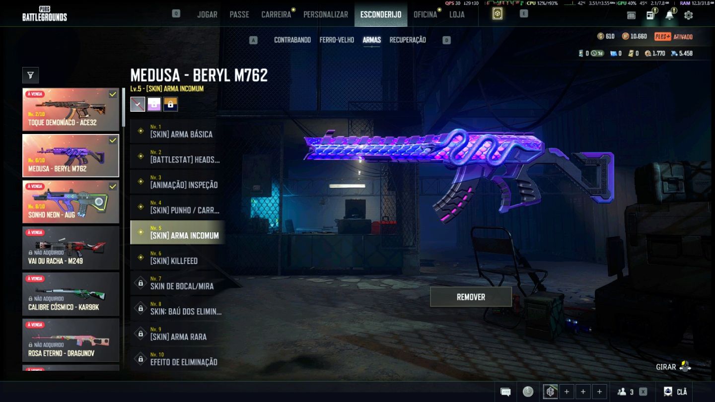 PUBG | AUG Lv8 | Beryl Medusa Lv6 | ACE Lv2 | Personagem Glasya Lv 2