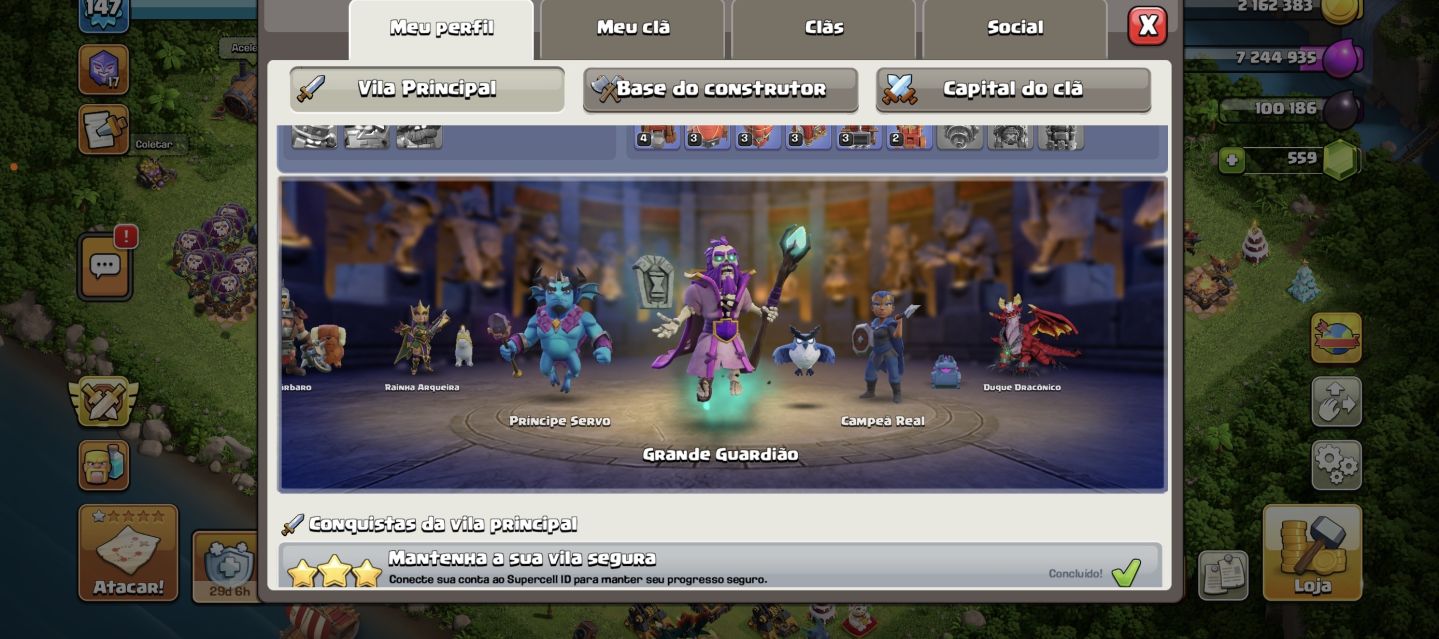 CONTA CLASH OF CLANS CV15 LV147 559 GEMAS 6 CONSTRUTOR 4 PETS MUITAS SKINS