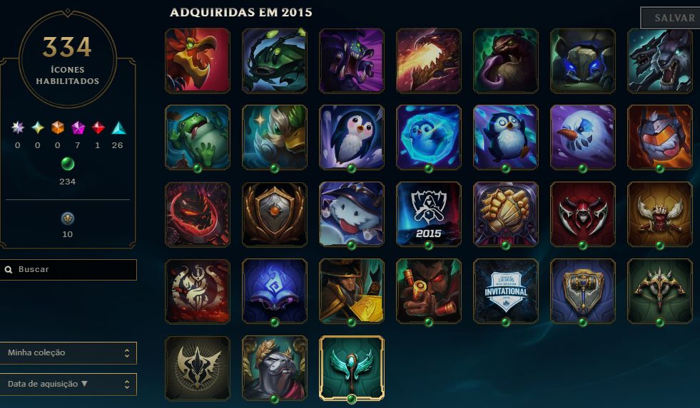Conta de lol de 2015, 259 skins, 66 legadas e 3 ult, diversos itens de evento