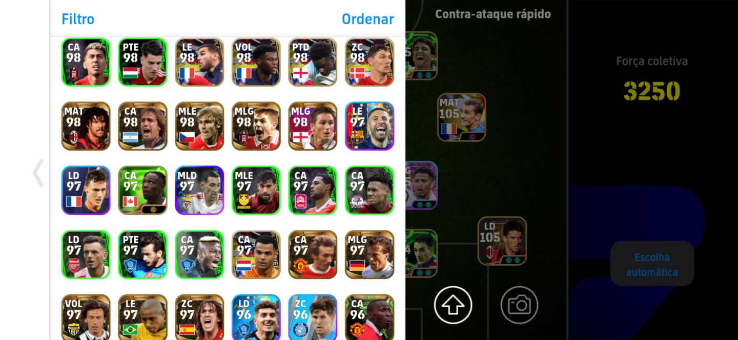 Conta top de efootball mobile com Shevchenko, Kaká e Bellingham.