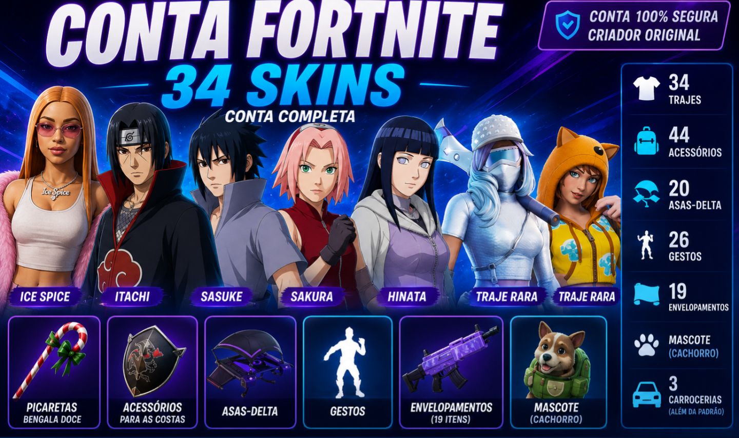 Conta Fortnite | 34 Skins | Naruto + Ice Spice | Candy Axe + Carros