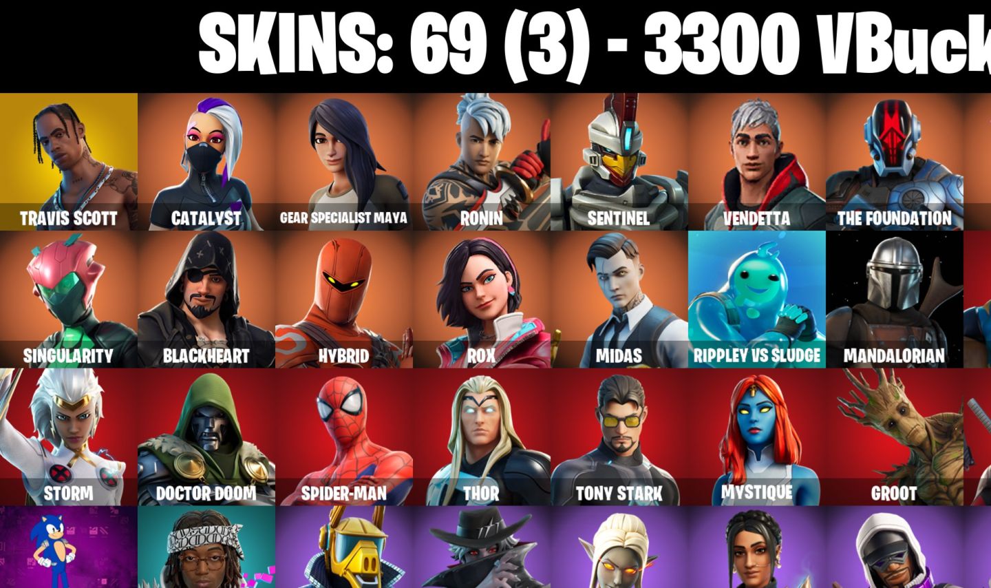 69 skins Travis Scott 3,3k VBucks Midas Tony stark