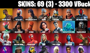 69 skins Travis Scott 3,3k VBucks Midas Tony stark