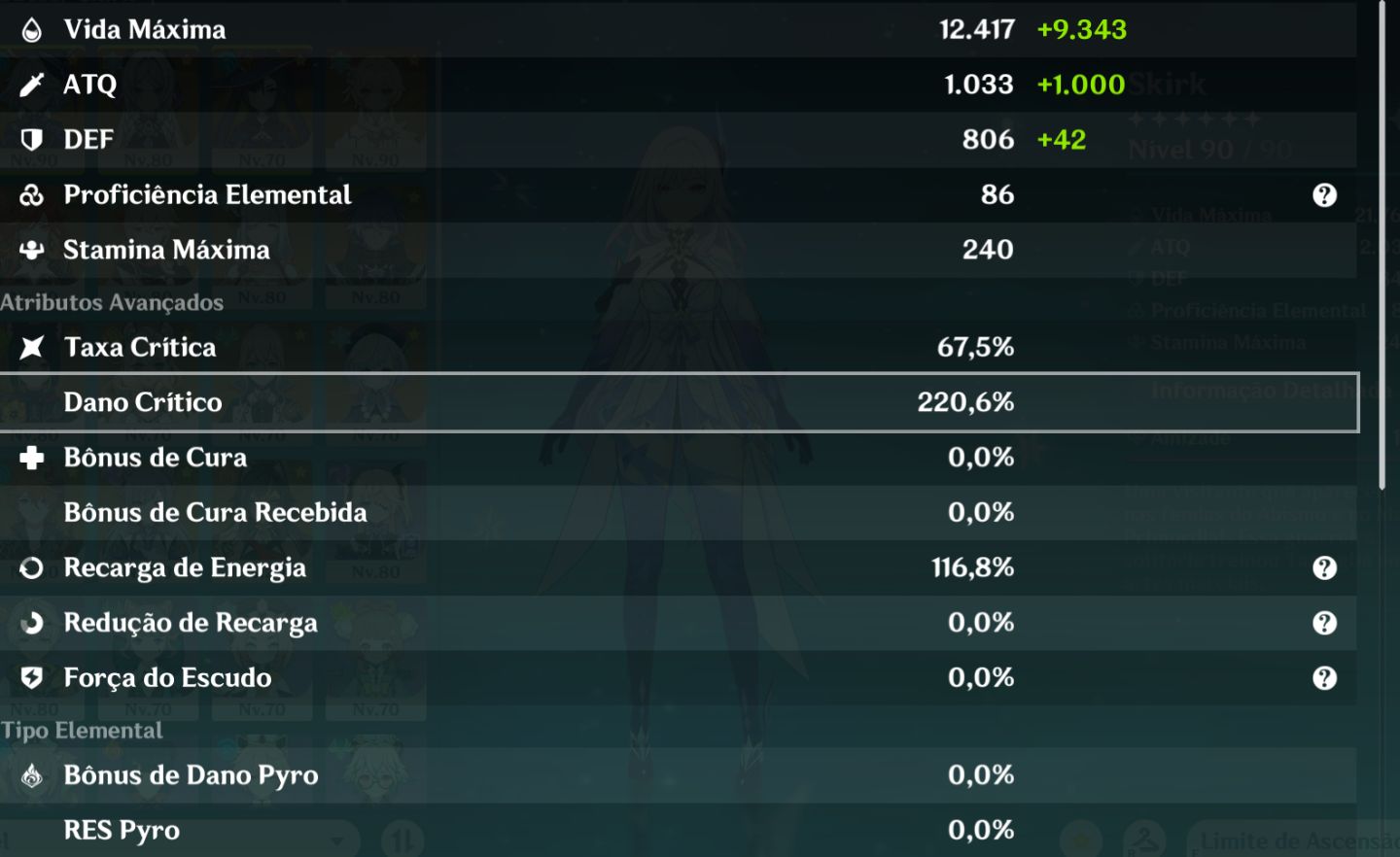 Skirk c1 + assinatura, Mavuika + assinatura, Lauma+Columbina, Vodyanitsa...