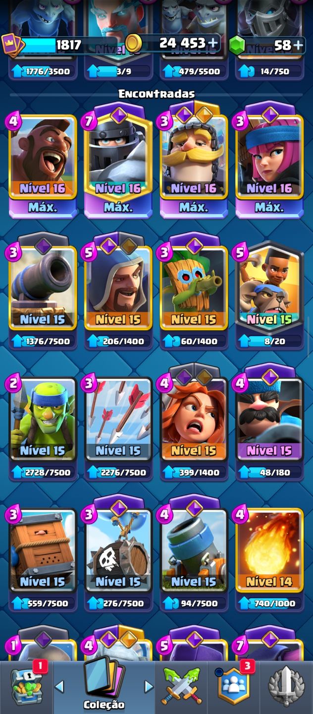 Conta montada e de qualidade arena 31, cartas raras e cartas nível Max.