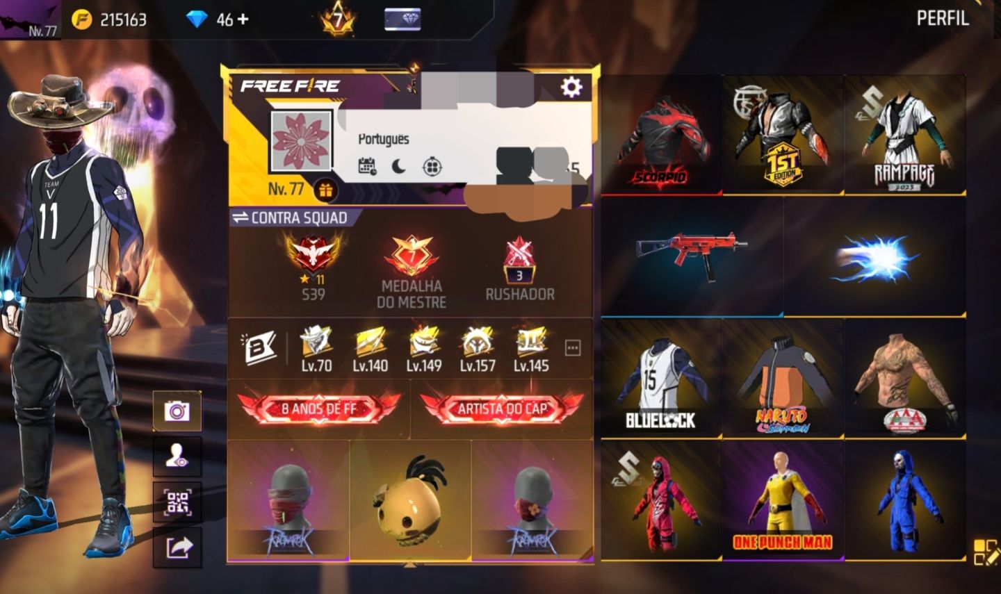 Conta Free Fire Veterana: Passes 4 Ao 9 + Full Ragnarok + Prime 7 + steamp punk