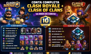 Conta Clash Royale + Clash of Clans | 10 Anos | 16 Evoluções | Rei 16 | CV13