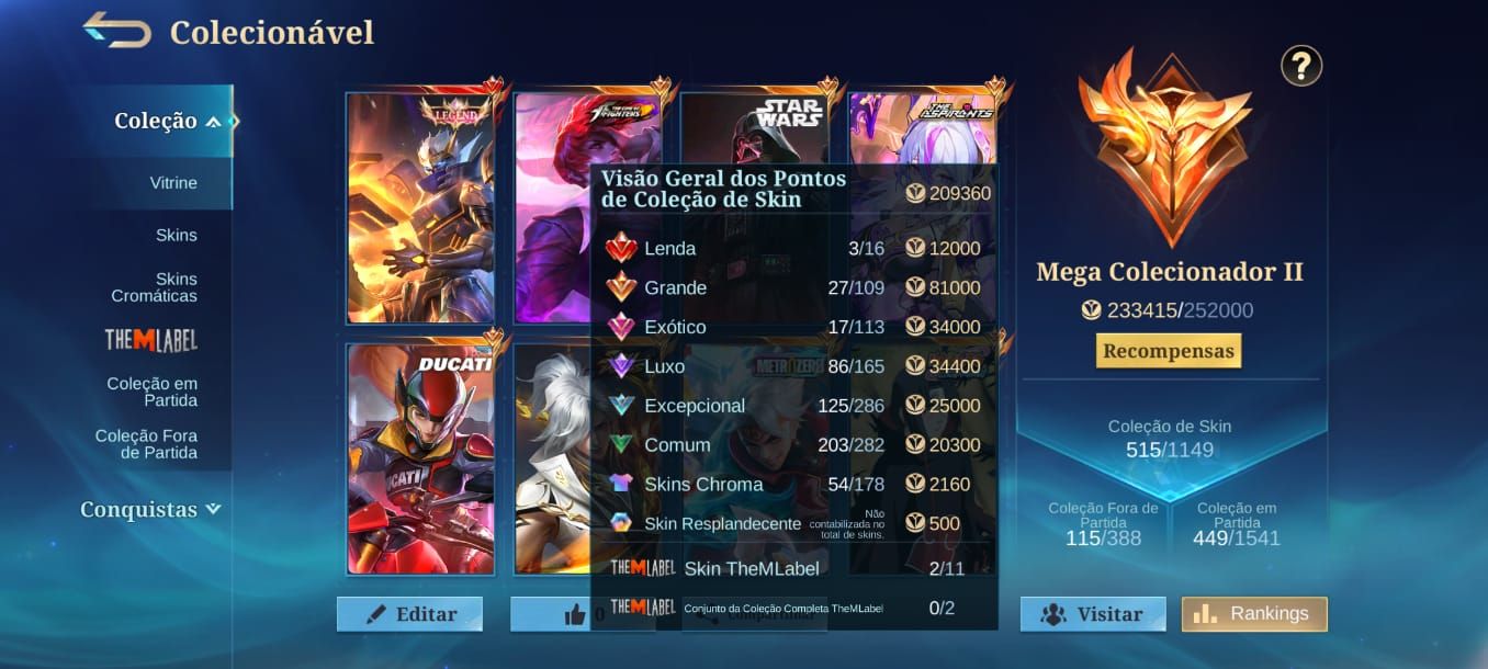 CONTA MLBB MEGA COLECIONADOR II RECHEADA DE SKINS