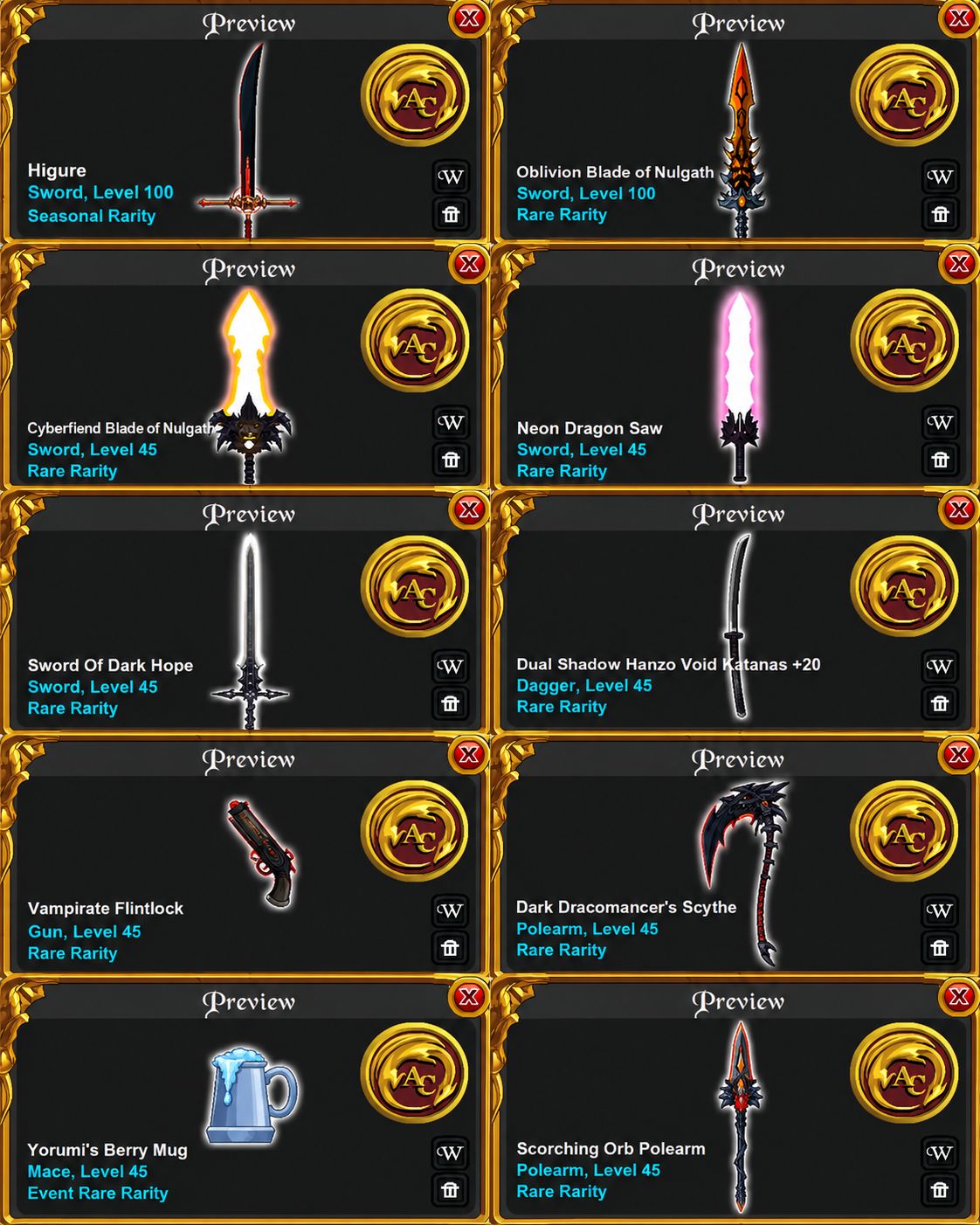 CONTA 15 AQW ANOS / 2 DONATED IODA PRA USO/ OBLIVION SWORD RARE/ FORGES/ ENDGAME