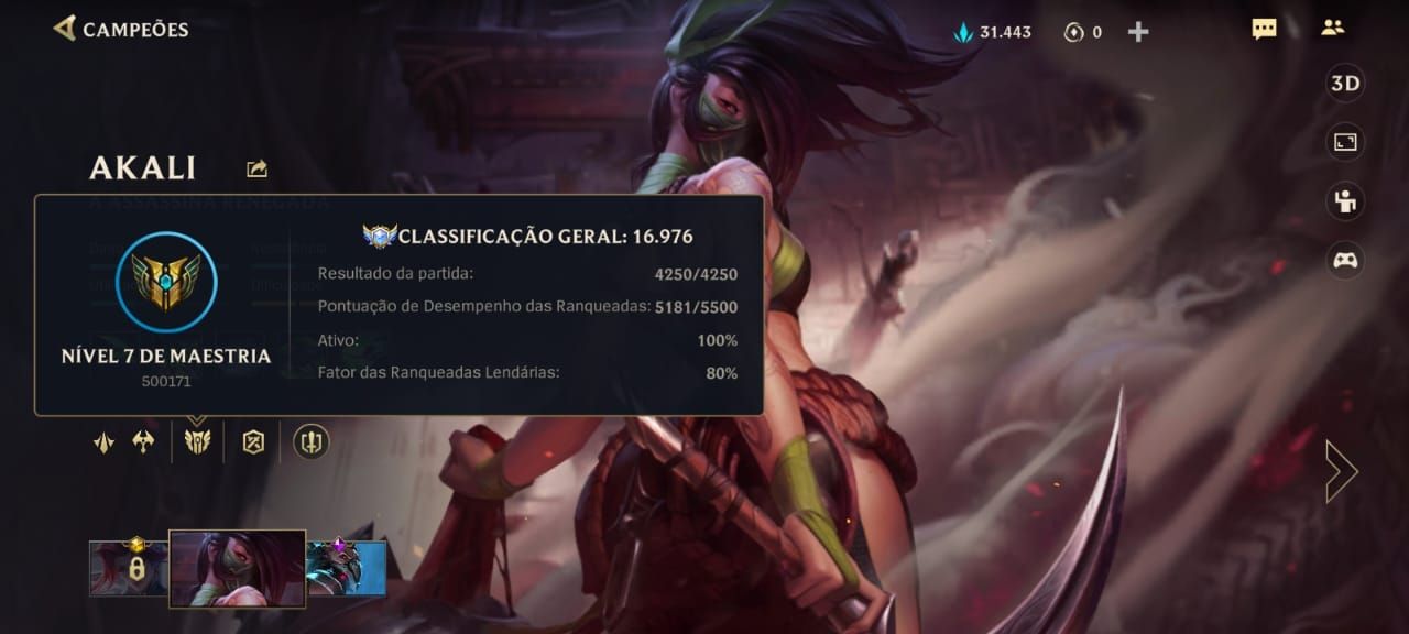 Conta Raríssima - Top 1 Akali do Servidor/ Elo atual Monarca