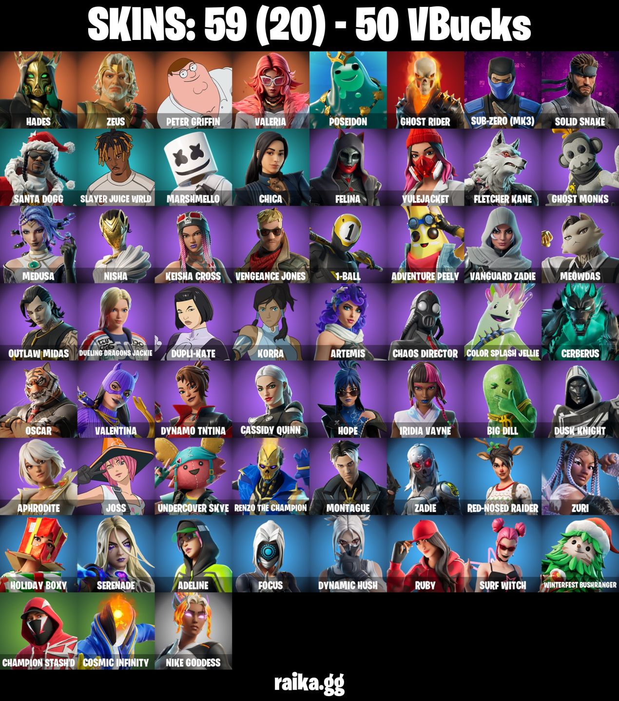 59 Skins - Solid Snake, Peter Griffin, Ghost Rider, Santa Dogg, 50 vbucks
