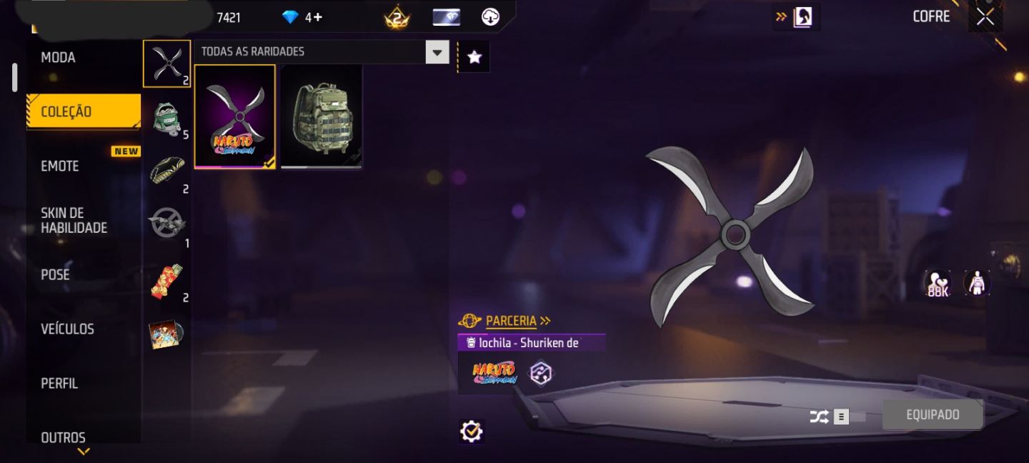 CONTA COM NARUTO + KAKASHI + HINATA + M4A1 DO NARUTO + 7 EMOTES + BIO (SEU EMAIL