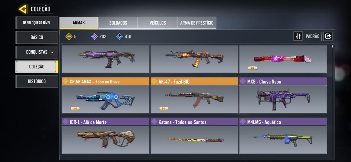 5 lendárias armas nível 400 Arma Épica 202 personagem Épico 76 C: 63k
