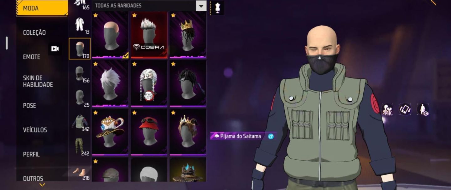 Conta de FF prime 7 com NARUTO, pé descalço, sombra roxa e jazz clássico