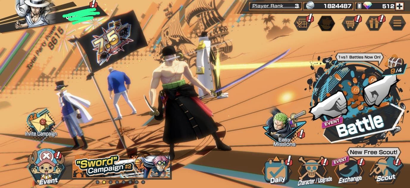 Conta Opbr Global | 5 Ex (ZORO E SANJI, KIZARU , SABO) Rank 3 | Full Acess