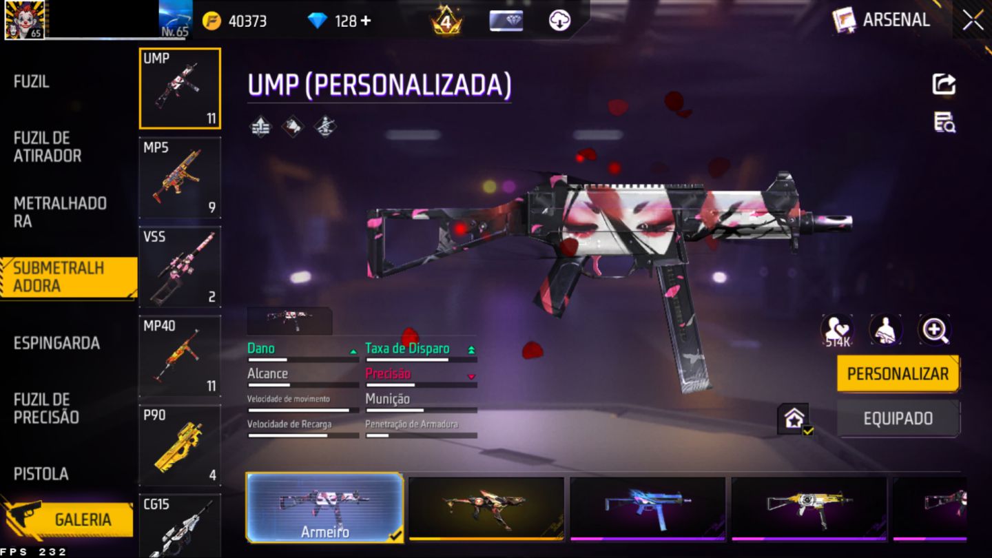 Conta Free Fire Nv. 65 Gemada desde 2018 - itens antigos - Parceria Mclaren