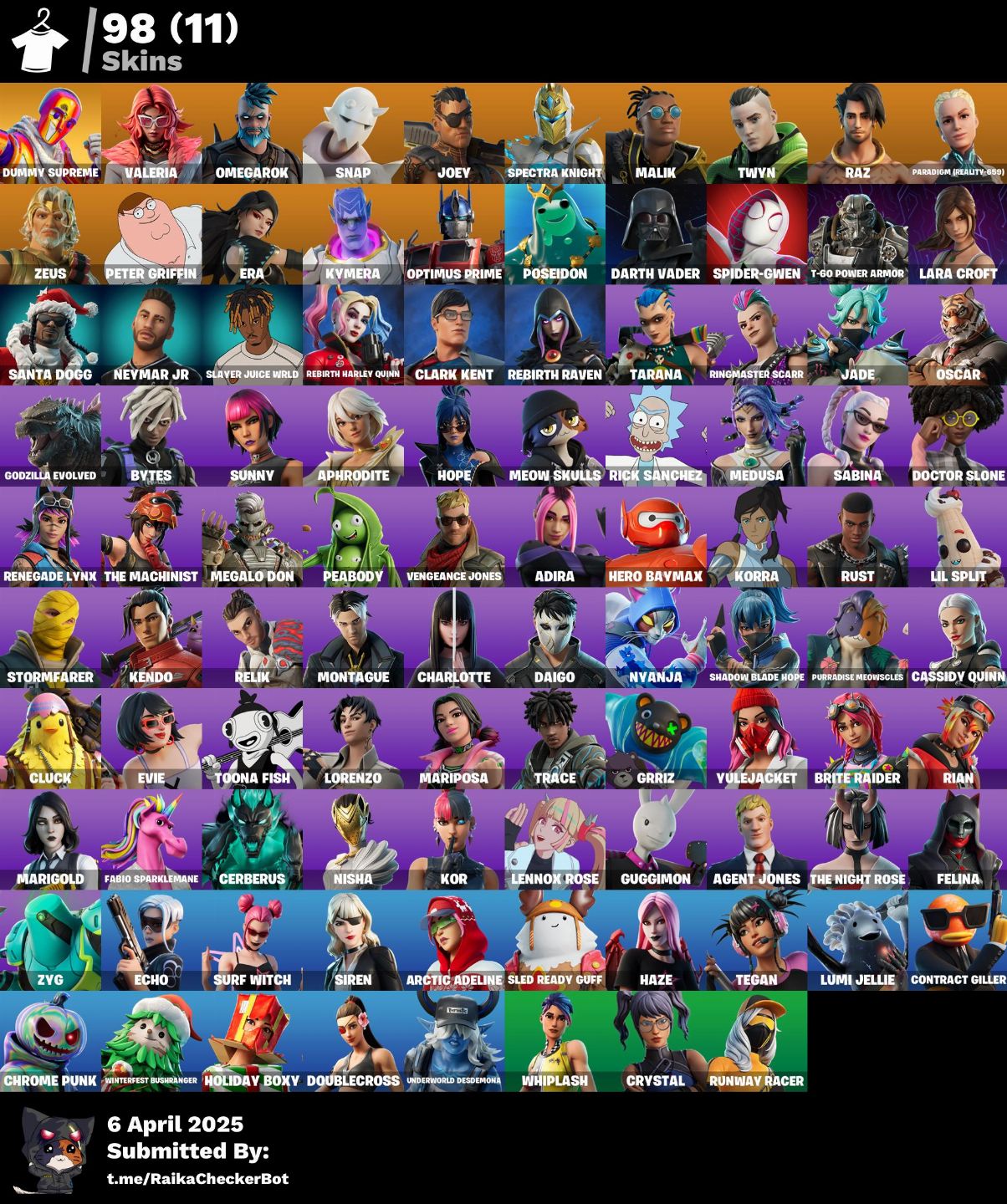 CONTA FORTNITE FULL TRYHARD com DUMMY SUPREME, RAVENA, LARA CROFT e 98 SKINS!