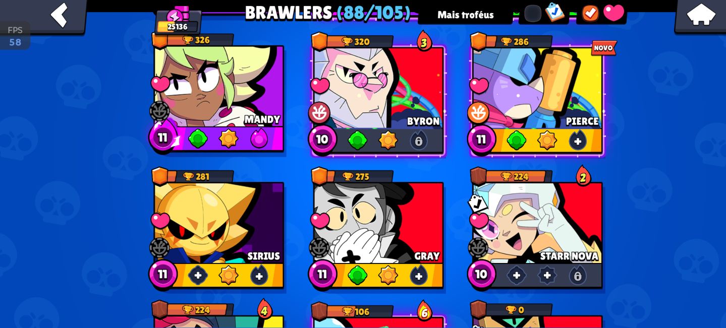 25k de troféu, Todos os lendários 88 brawler, 17 hipercarga e 6 buffs completos