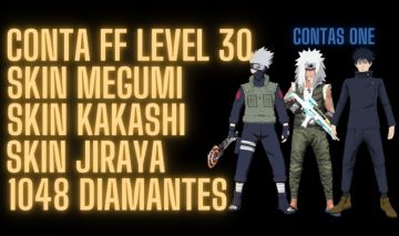 CONTA FREE FIRE LVL 30 MESTRE 5 BR COM MEGUMI JJK|KAKASHI |JIRAYA E 1048 DIMAS