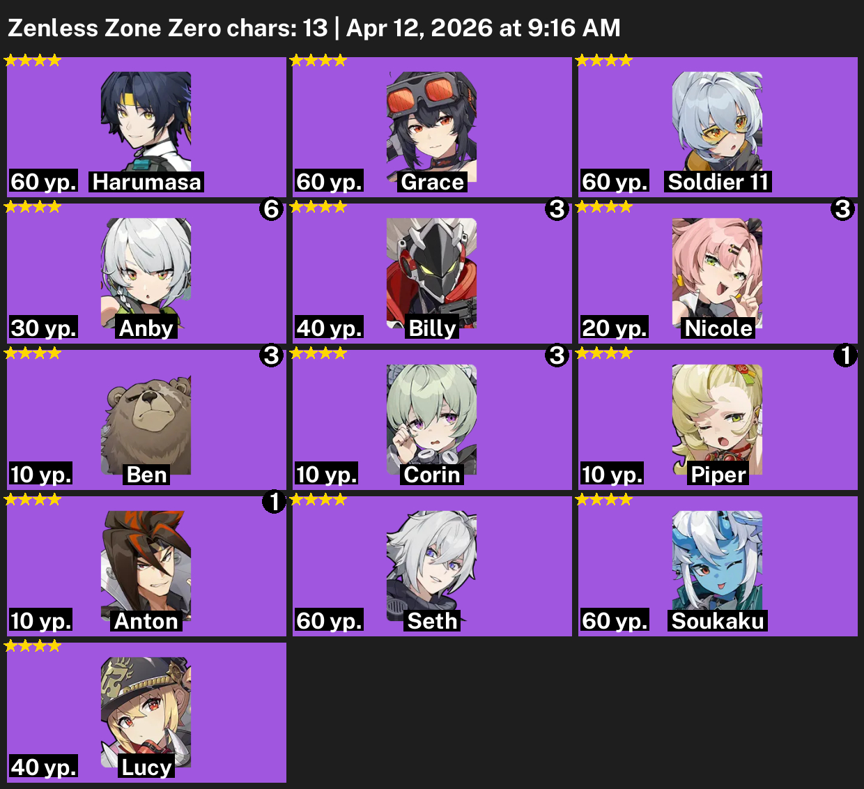 (ZZZ COM 3 5*) TAIWAN-XIAO+YOIMIYA+RAIDEN+4 ARMA T5+2.1K GEMAS+46 GIROS