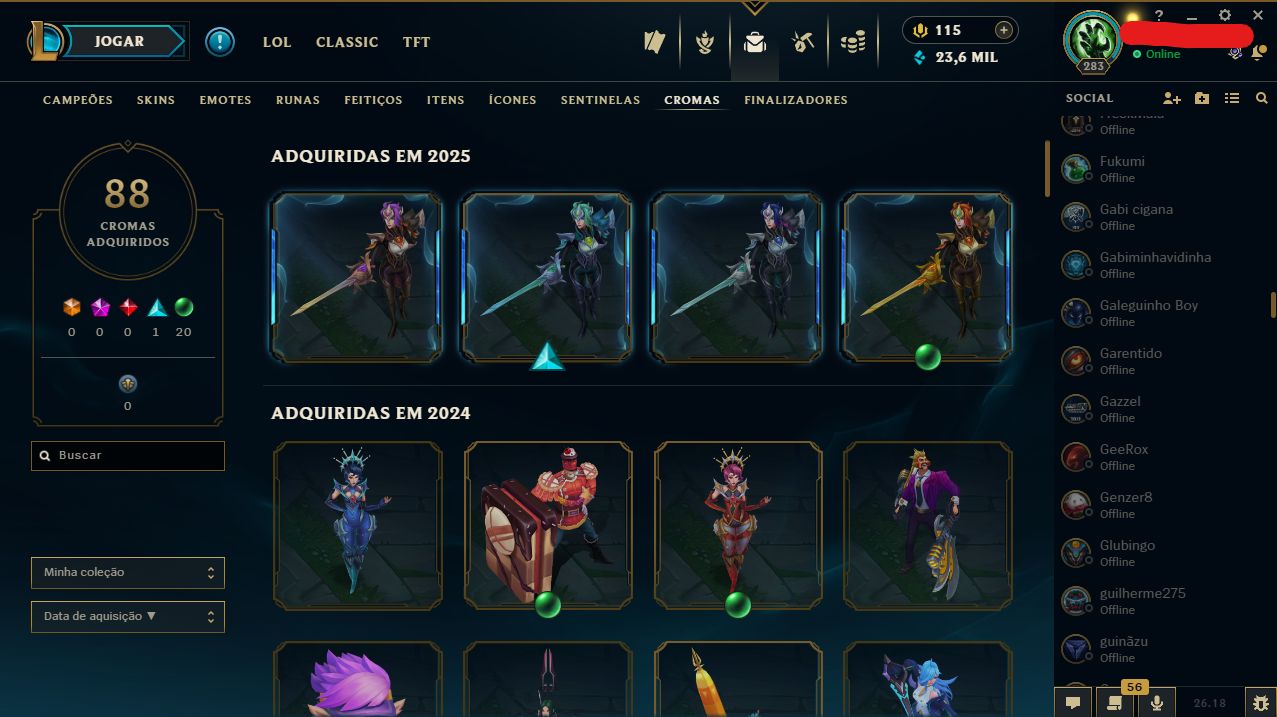 CONTA LOL LVL 283 | 196 SKINS | 239 ÍCONES