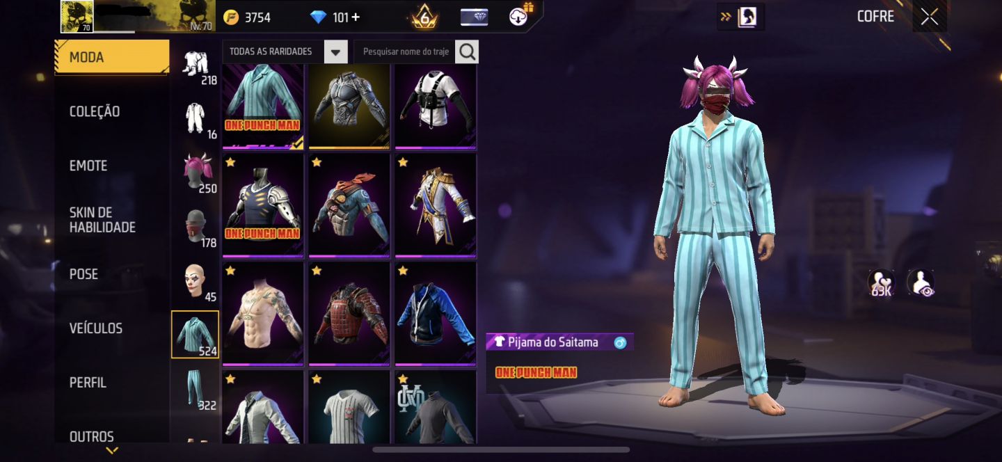 CONTA DE FREE FIRE GEMADA NÍVEL 70 COM RAGNAROK, ANGELICAL e MANDELA