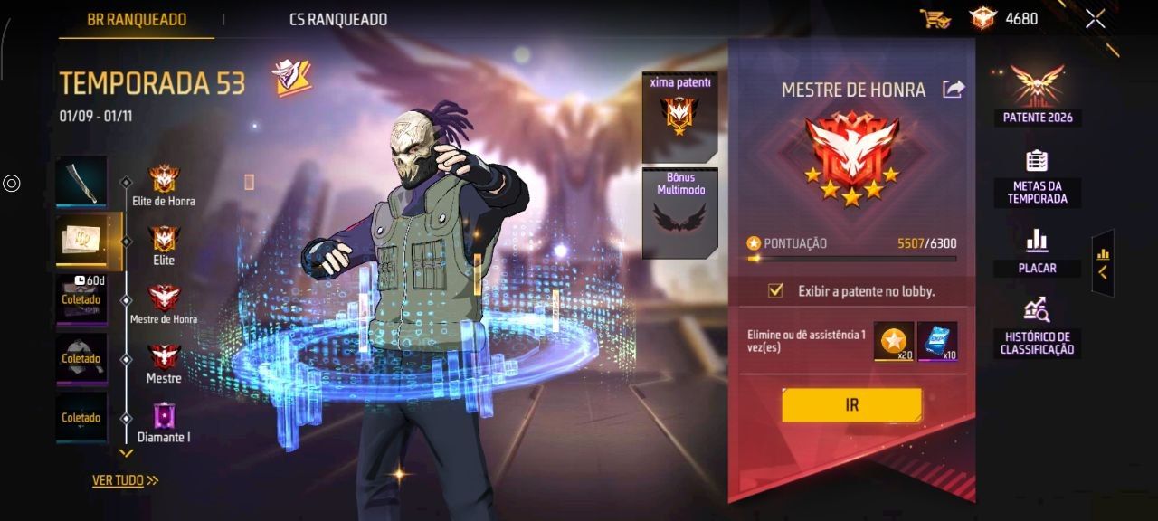 CONTA FREE FIRE LVL 30 MESTRE 5 BR COM MEGUMI JJK|KAKASHI |JIRAYA E 1048 DIMAS
