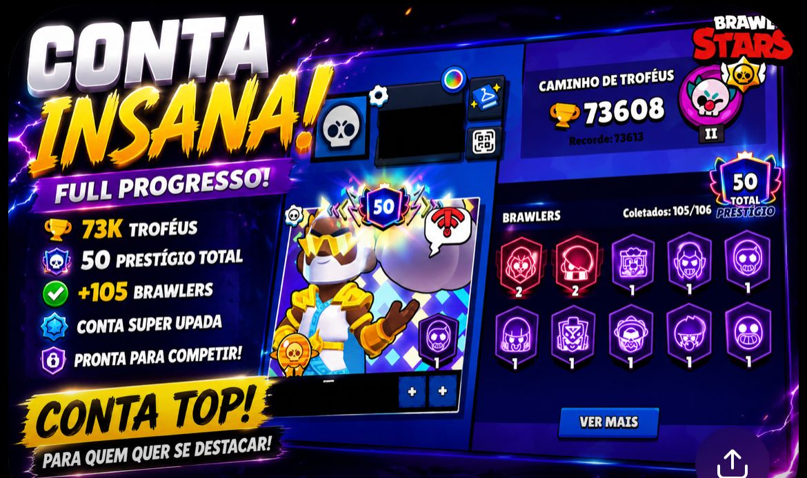 Conta de brawl com skin de shelly estrelar tem o 1,2,3,4 e 5 passe 73k trofeu