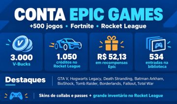 CONTA EPIC GAMES BIBLIOTECA GIGANTE, FORTNITE, ROCKET LEAGUE