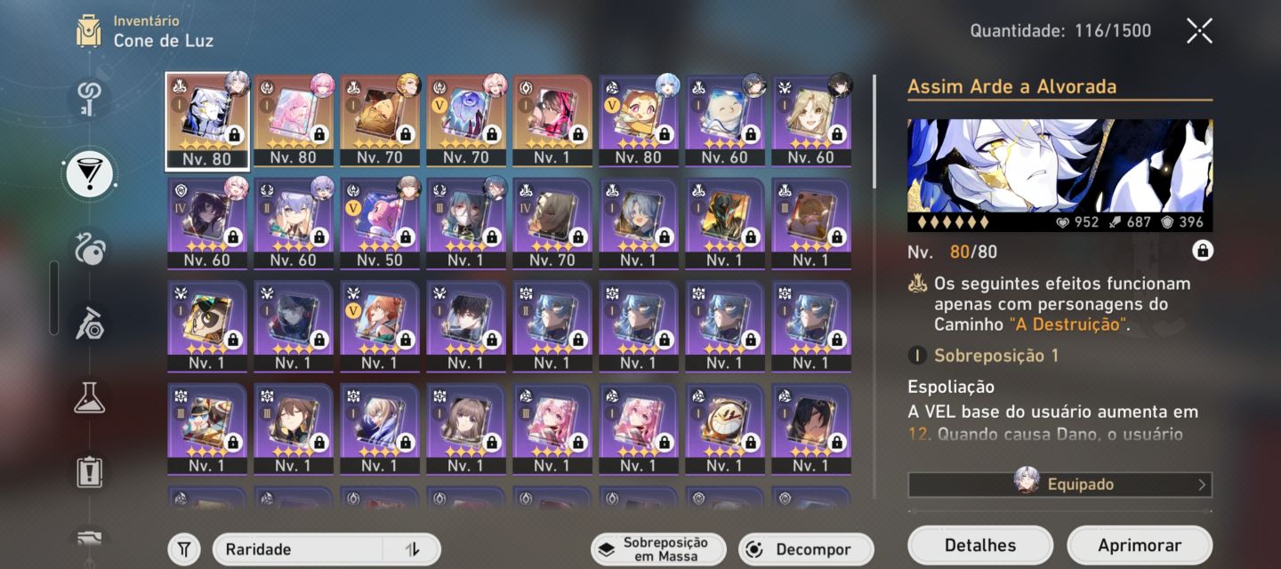 Conta nível 67 com Phainon E2 + Bis, Cyrene E2 + Bis, Cerydra, Hyacine e outros.