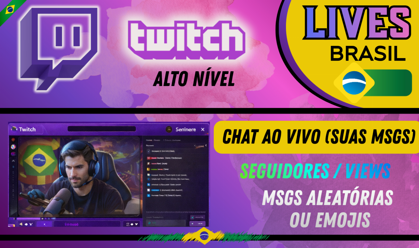 Twitch Lives Brasileiras, Chat ao Vivo Personalizado com suas Mensagens, Views.