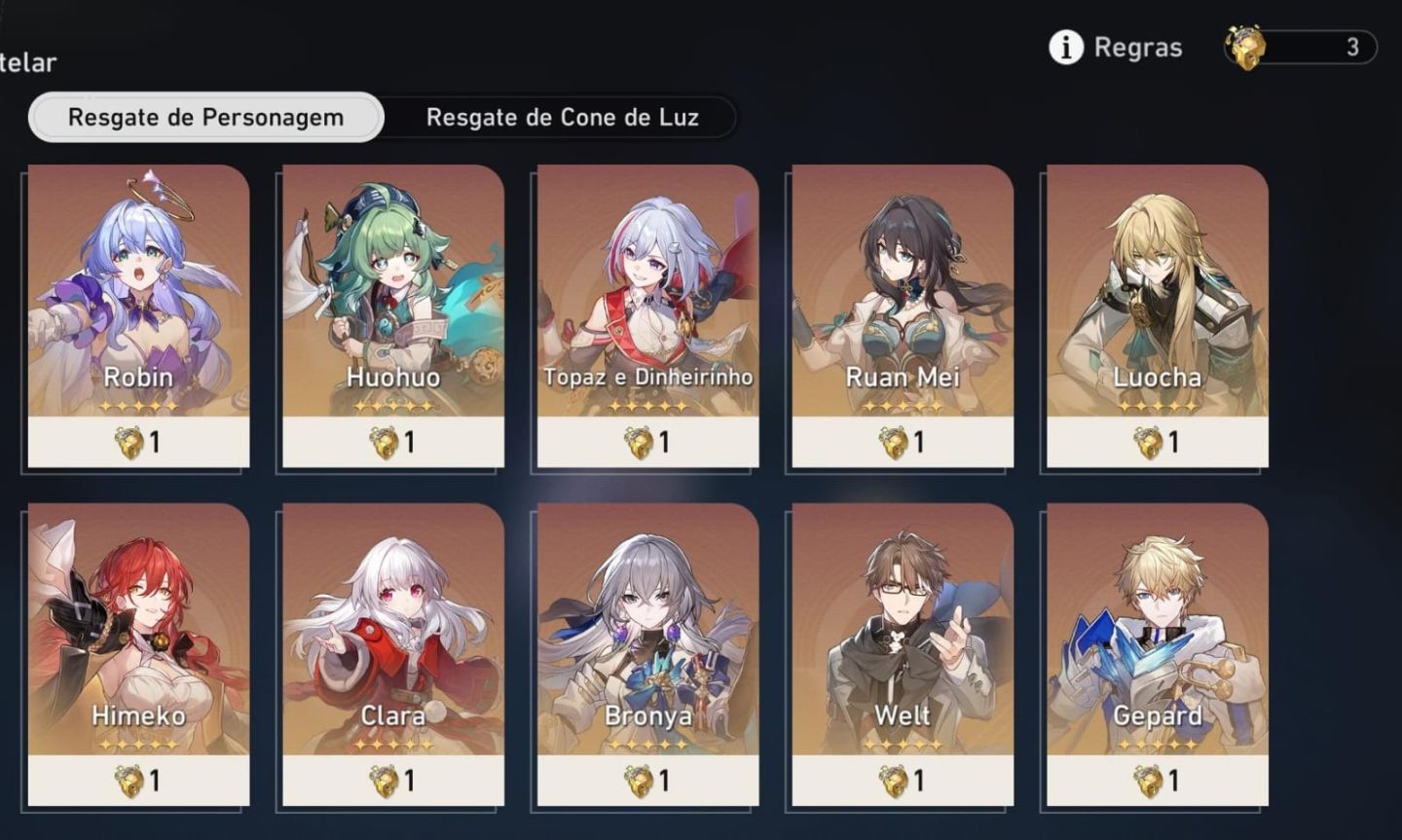 Conta Honkai Star Rail com 37 T5 + 3 Moedas de Troca