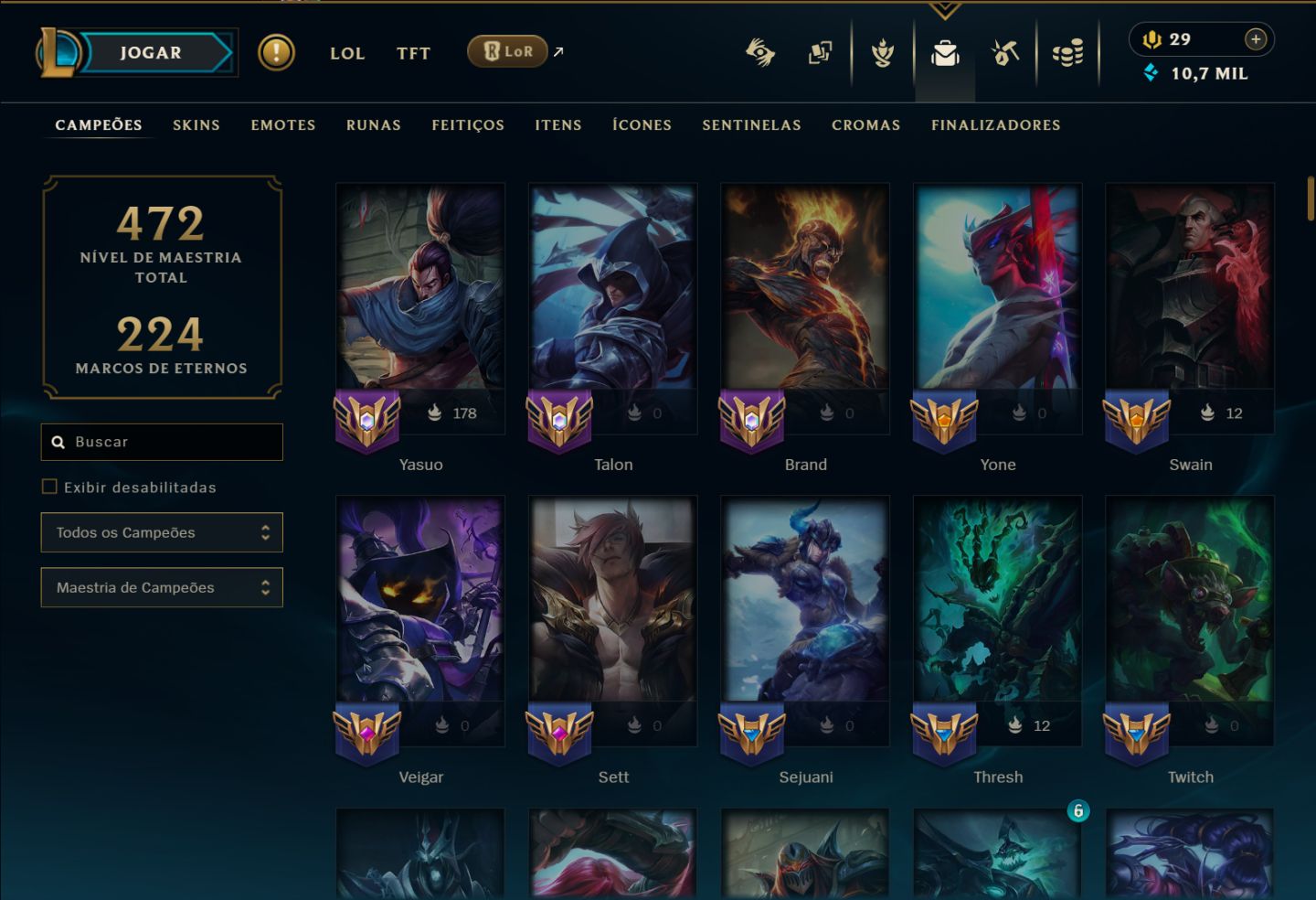 CONTA MONO YASUO - EX DIAMANTE - 1 ULTIMATE - 12 MÍTICAS - 162 SKINS NO TOTAL