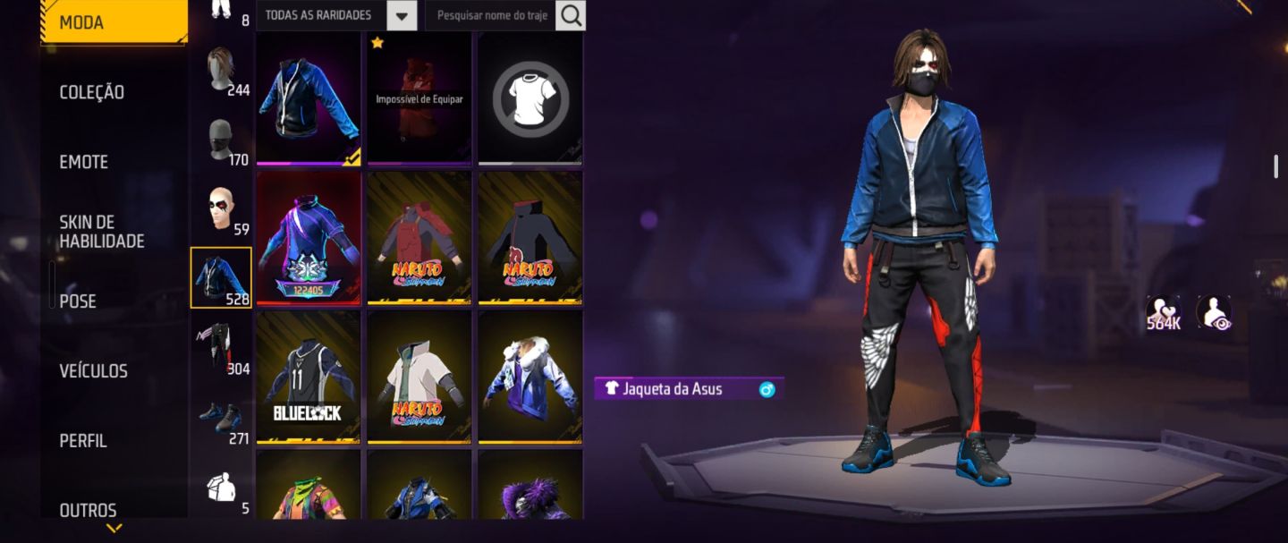 Conta de free fire com itens antigos, várias skins, contem vários passes.