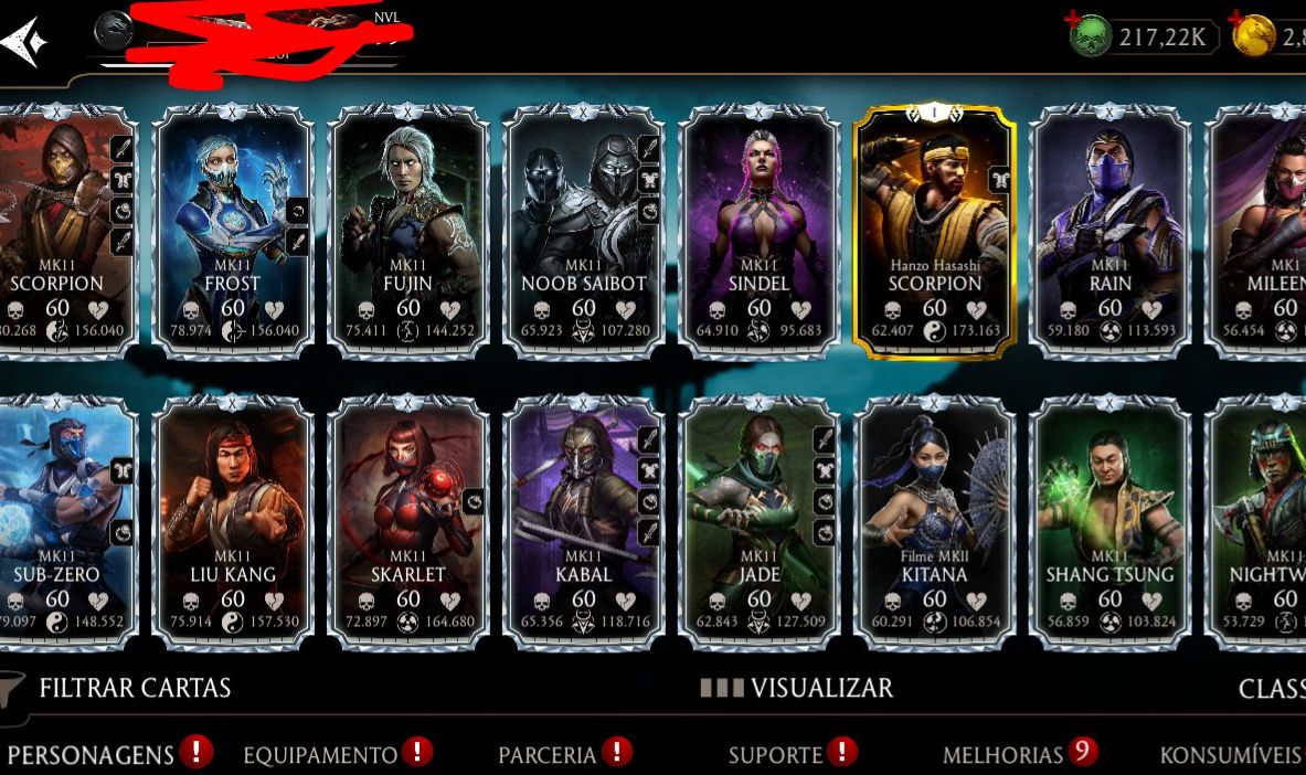 Conta mortal Kombat, Android, 215 K de Alma, varios épicos no X