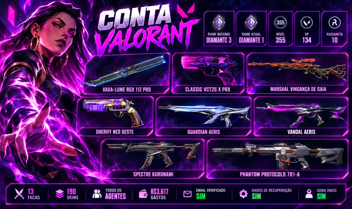 CONTA VALORANT | 190 SKINS CHAMPIONS 2023/2024 | DIAMANTE 1 | R$3.617 GASTOS.