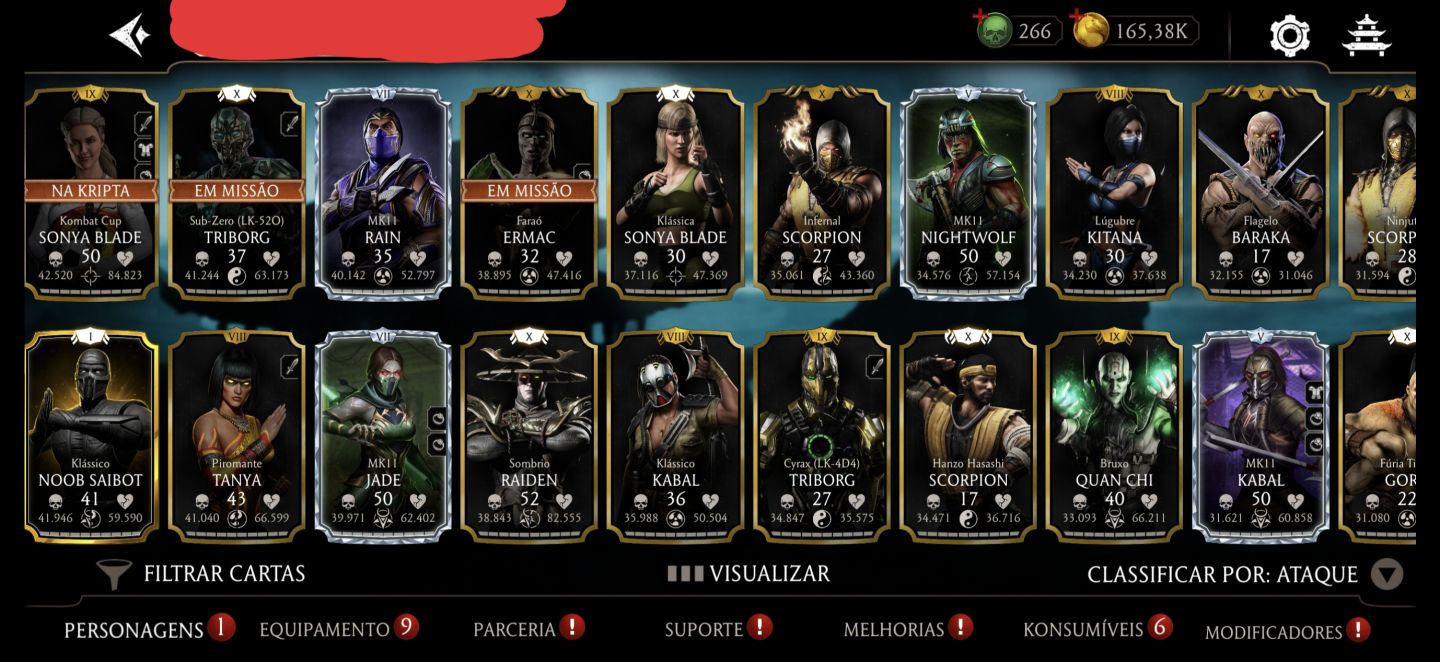 Conta de mortal Kombat com vários diamantes no x e alguns épicos fusão alta
