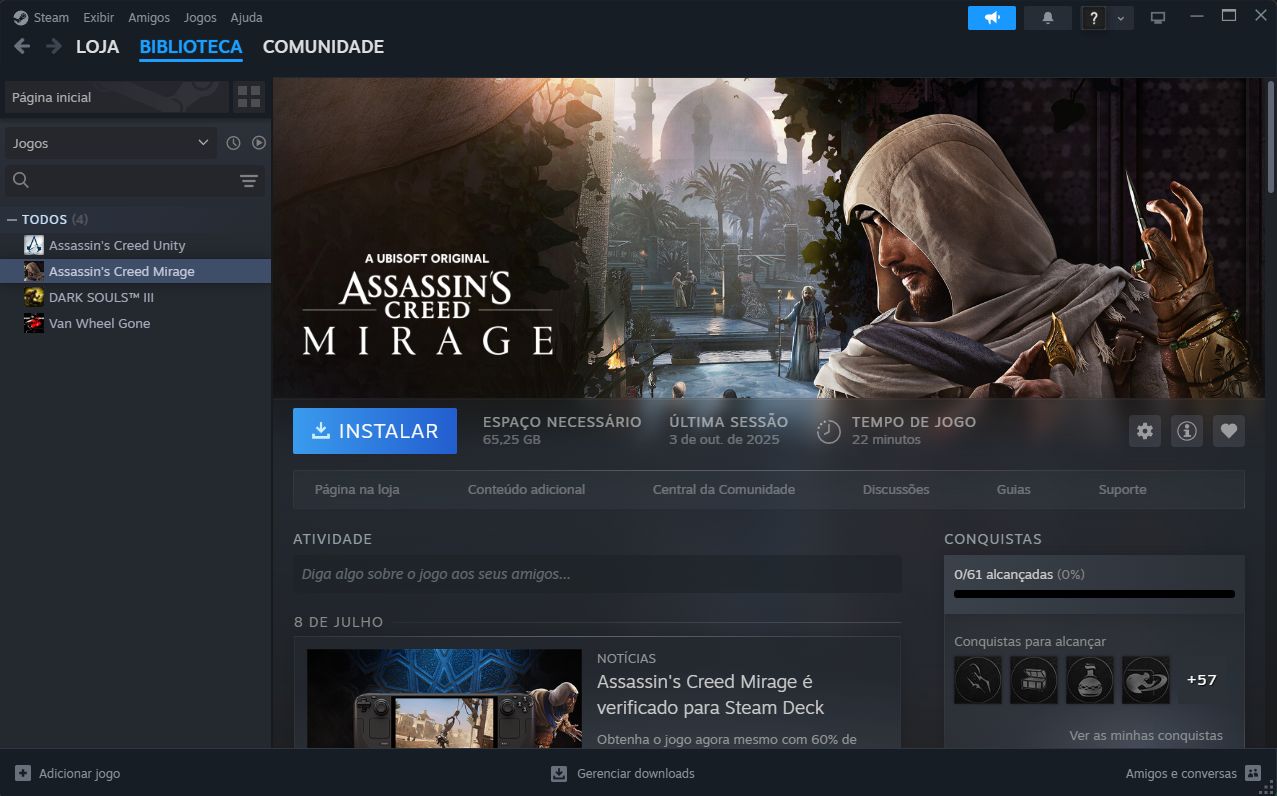 Conta Steam 3 Jogos (Dark Souls 3 Deluxe, Assassins Creed Mirage e Unity)