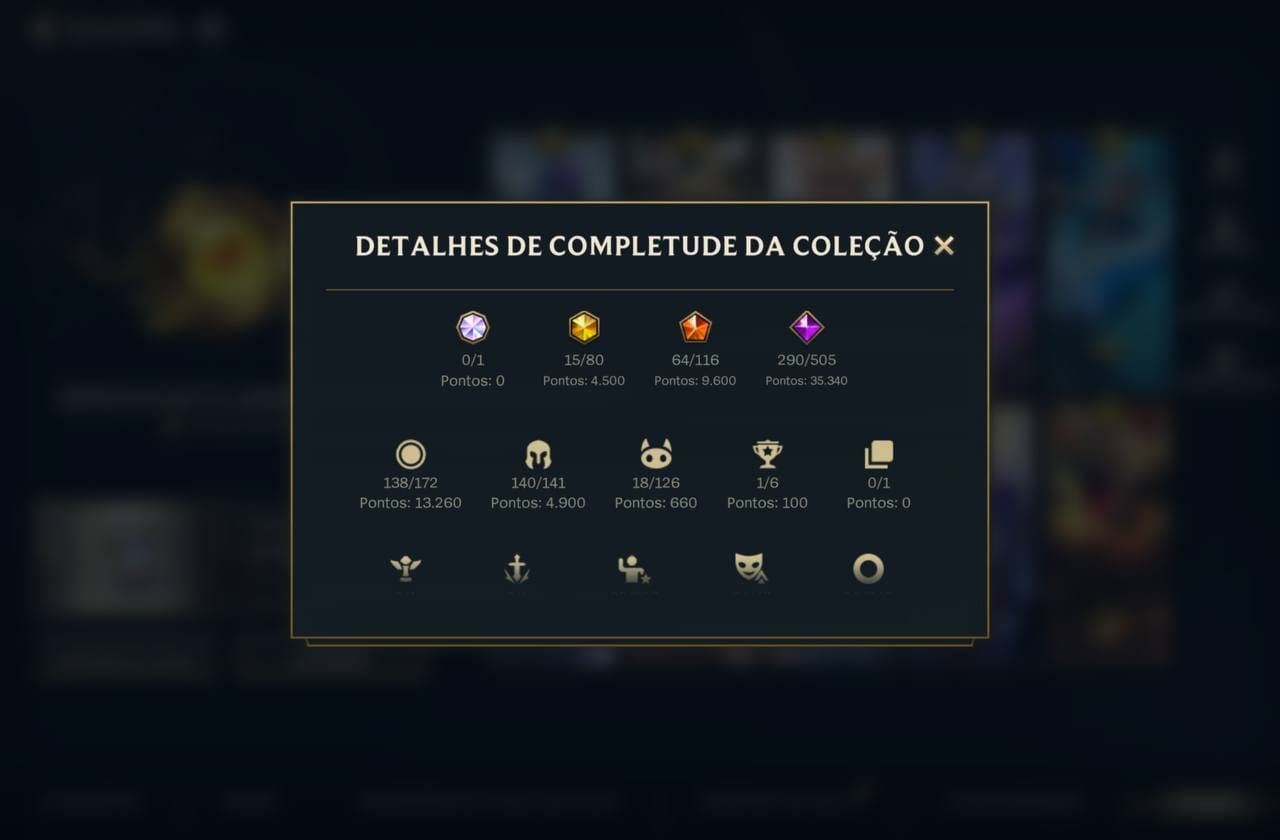 507 Skins| 15 Míticas |64 Lendárias|290 Épicas |Lv 226 |87,2K Coleção| 1978 dias